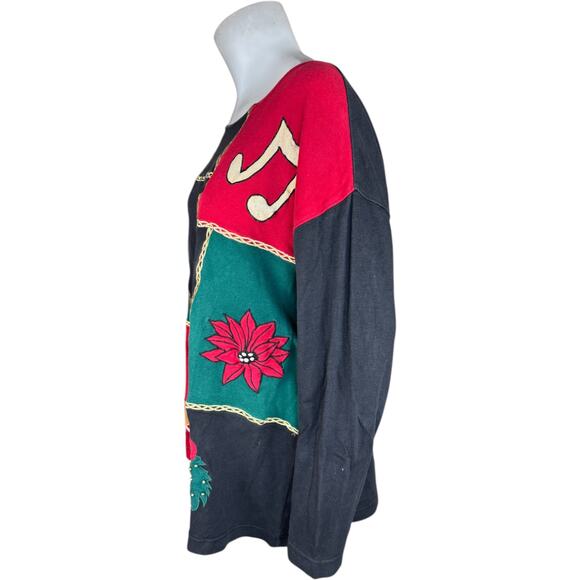 Chaus Sport Vintage Christmas Sweatshirt Black Patchwork Bells Wreath Guitar M - Picture 2 of 12